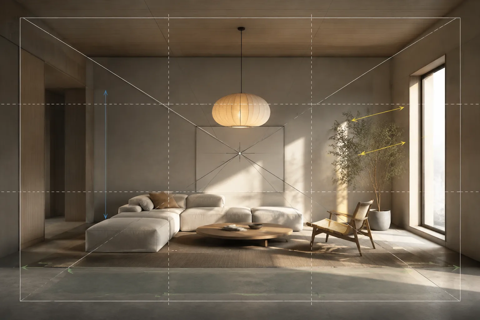 Camera view planning and lighting direction study for an interior concept render