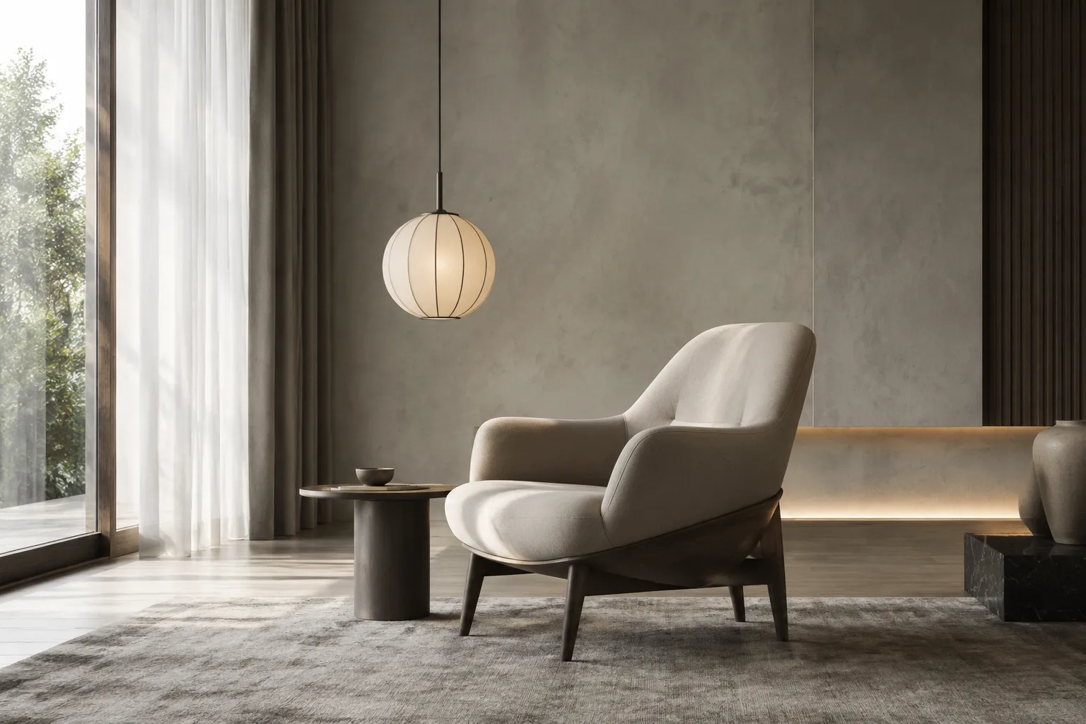 Furniture and pendant lighting concept render shown in a room context