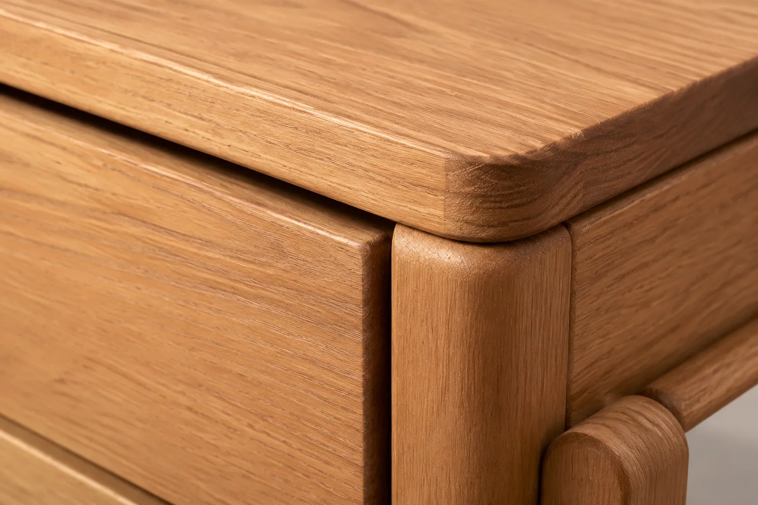 Close furniture render detail showing wood grain spacing on panels, edges, and smaller components