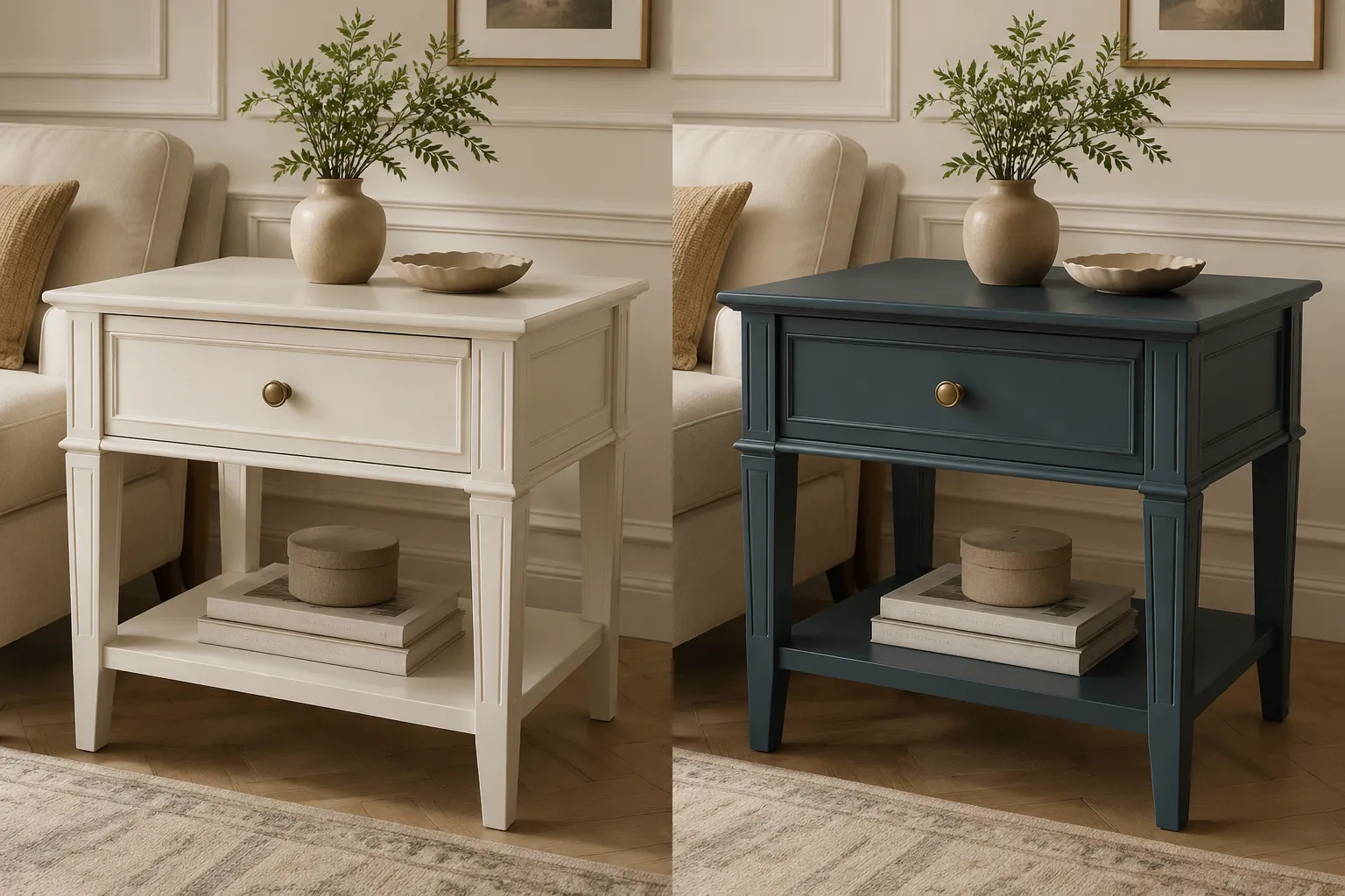 Close comparison view of painted side-table edges, shelf, and hardware