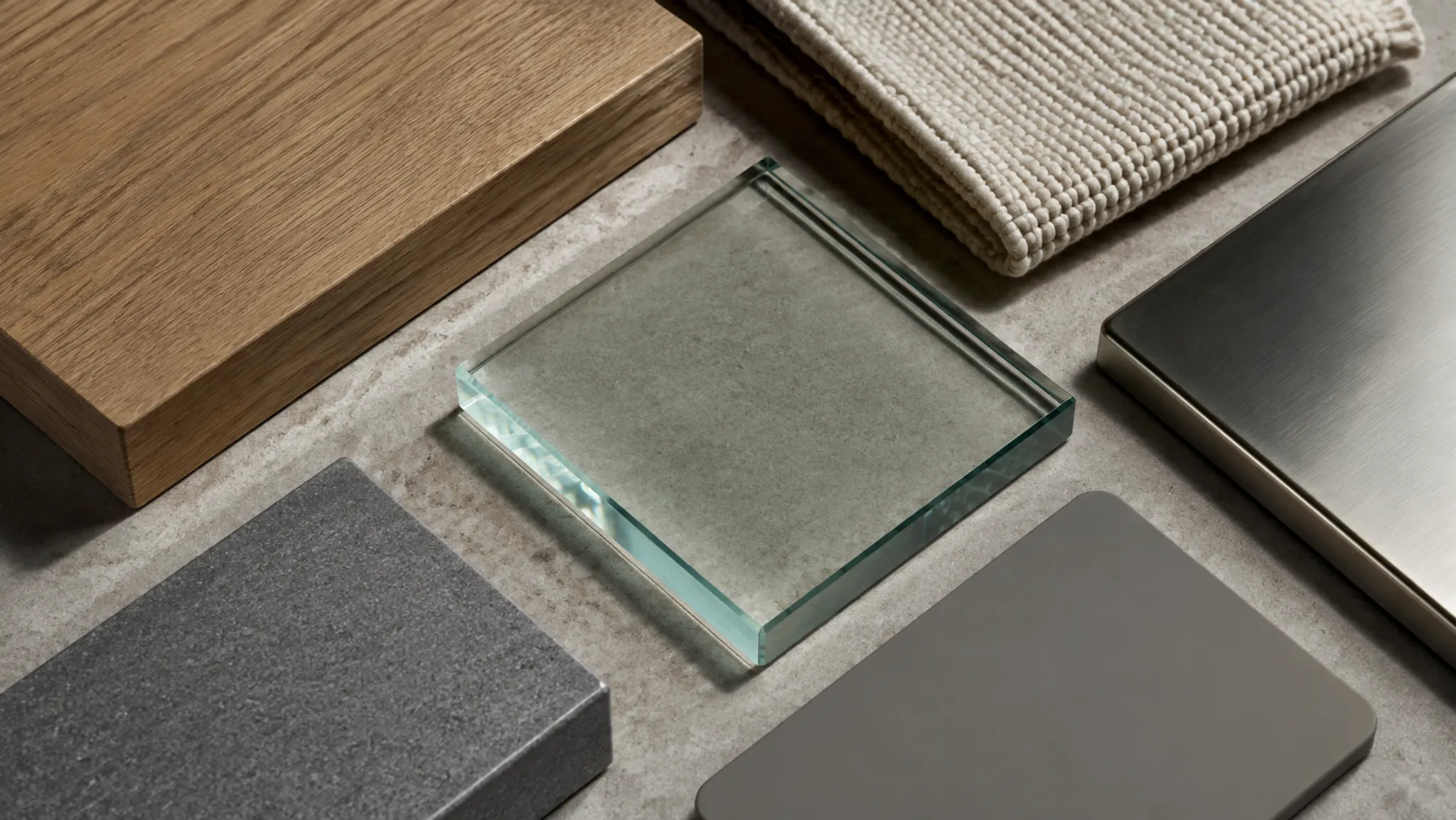Furniture material study showing wood grain, textile weave, metal sheen, translucent glass, and contrasting edge responses