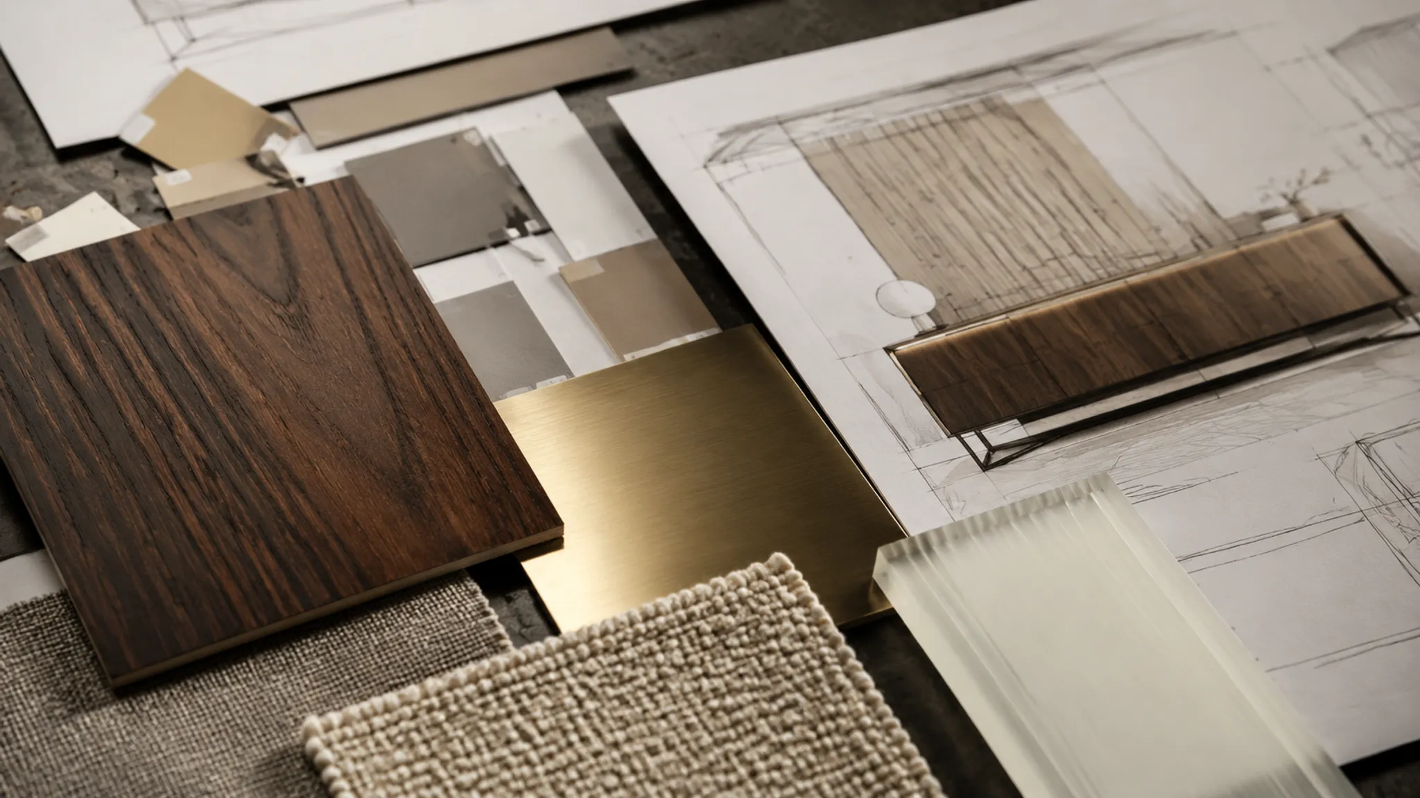 Furniture finish and material references compared beside a concept render brief