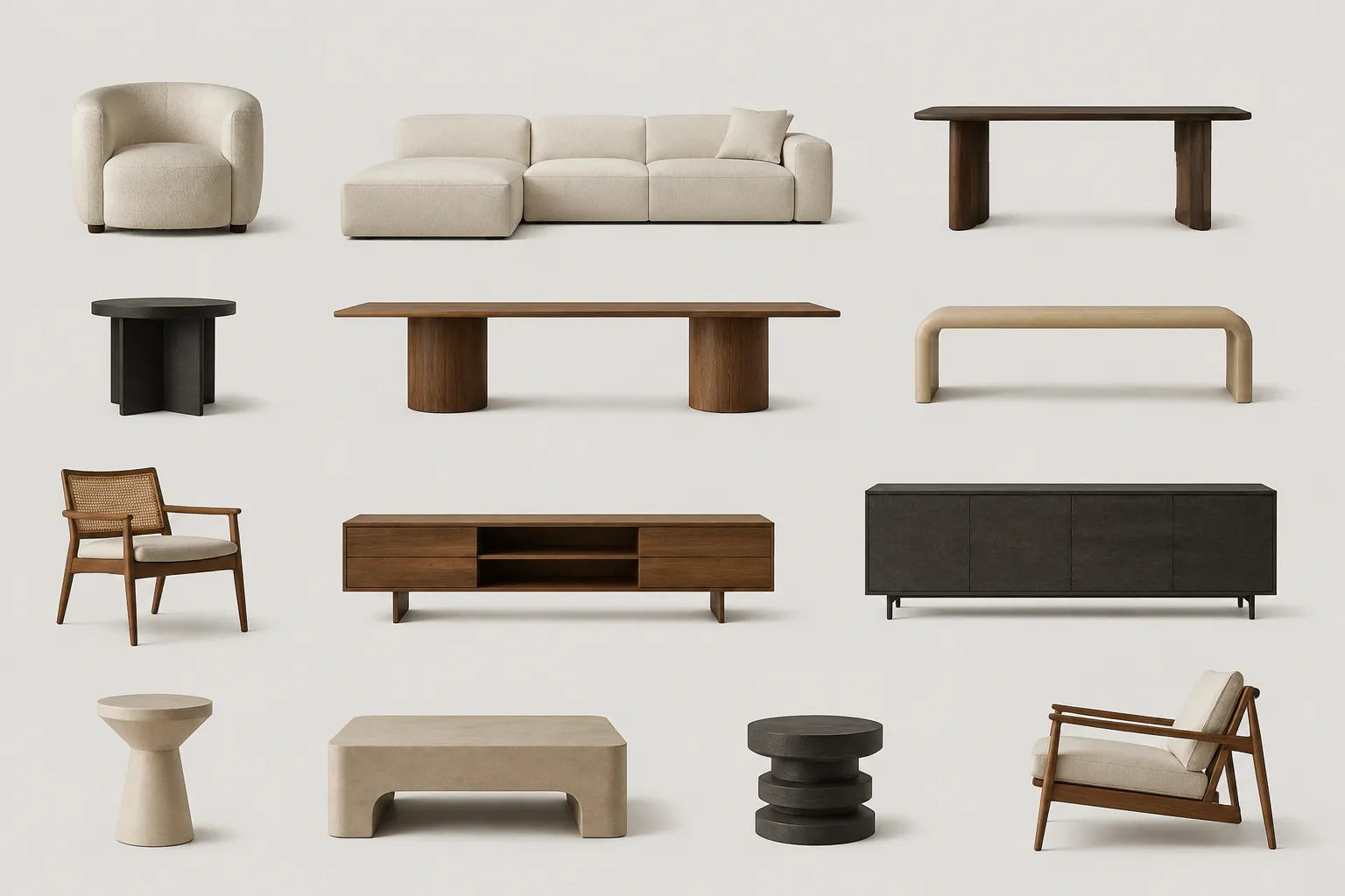 Neutral furniture silhouettes comparing contour, support spread, negative space, and visual stance