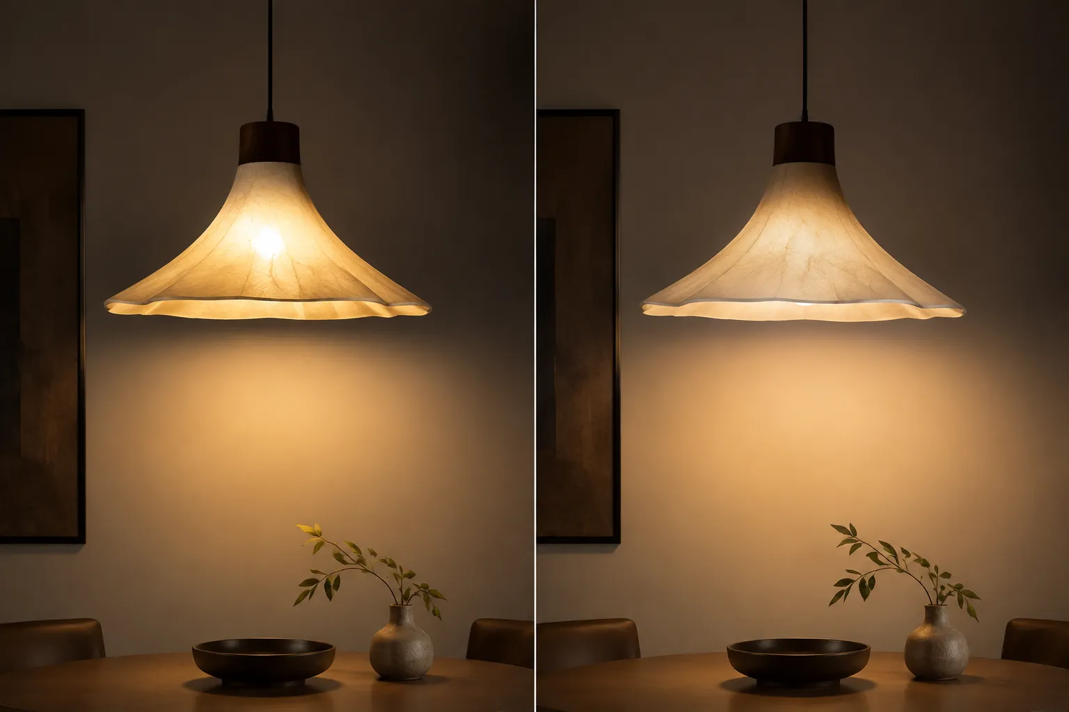 Pendant-light render showing concentrated central brightness and sharper edge transition