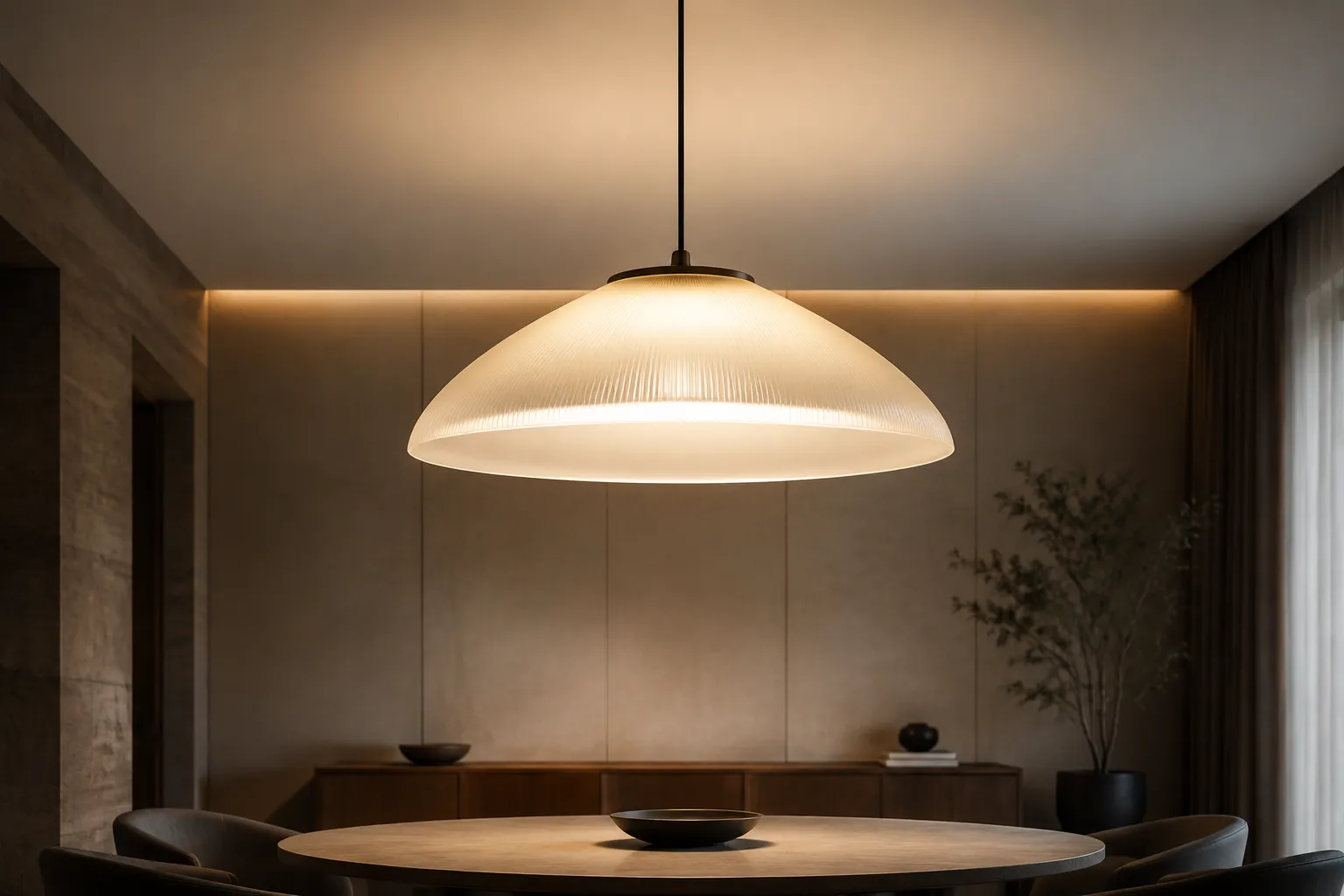 Pendant diffuser render showing broad luminous spread and concentrated central brightness for comparison