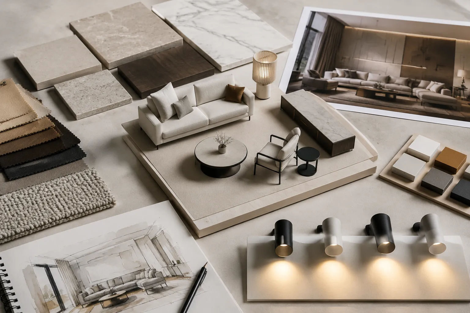 Furniture model and material finish references arranged for render briefing