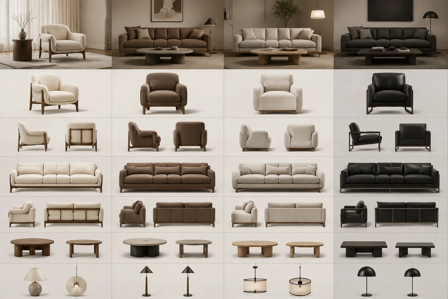 Furniture and lighting component placement comparison across related concept directions