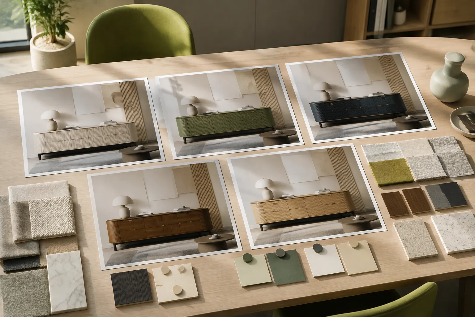 Matched furniture colorway renders arranged for a controlled surface treatment review
