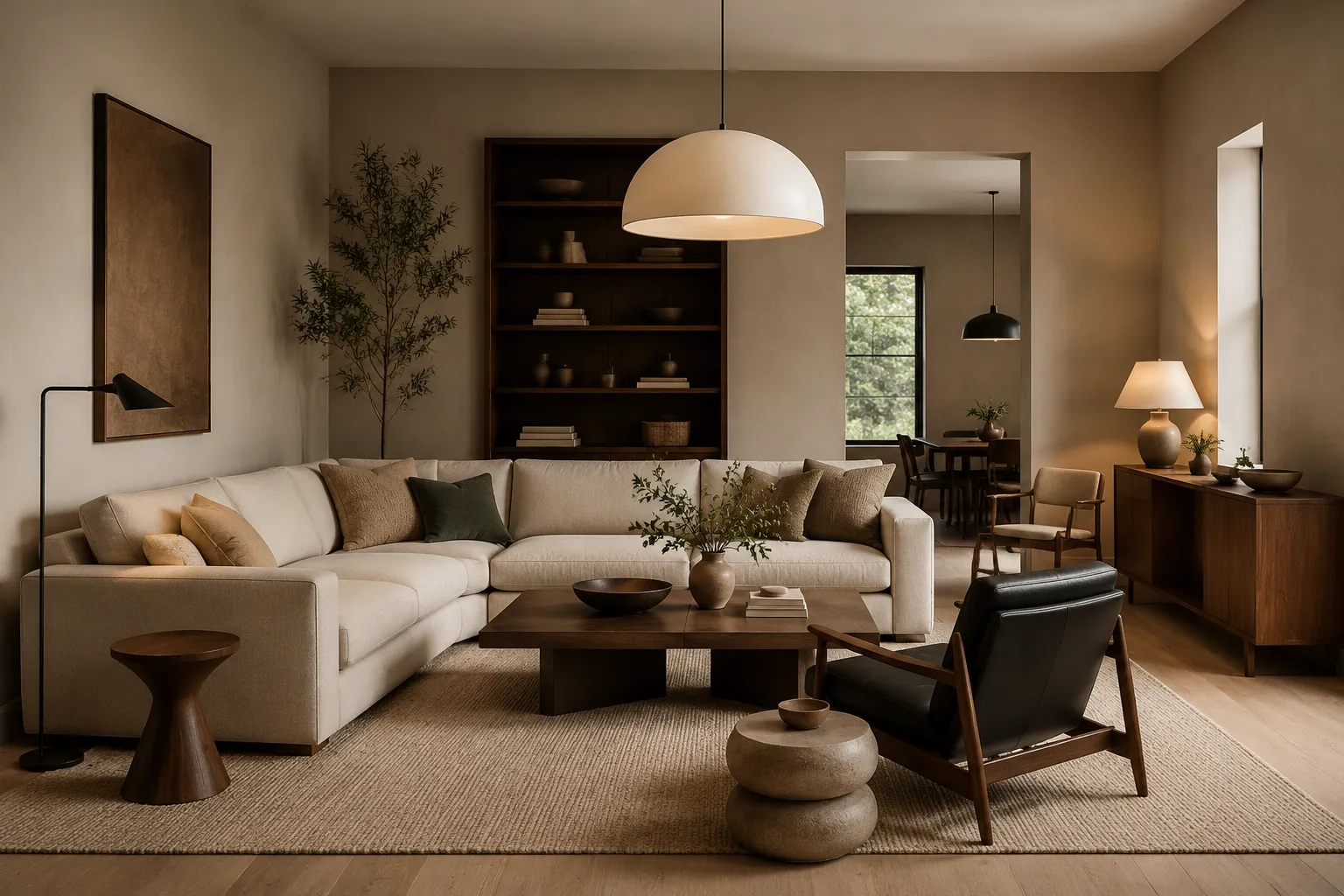 Furniture and lighting collection arranged in a room context for scale and finish review
