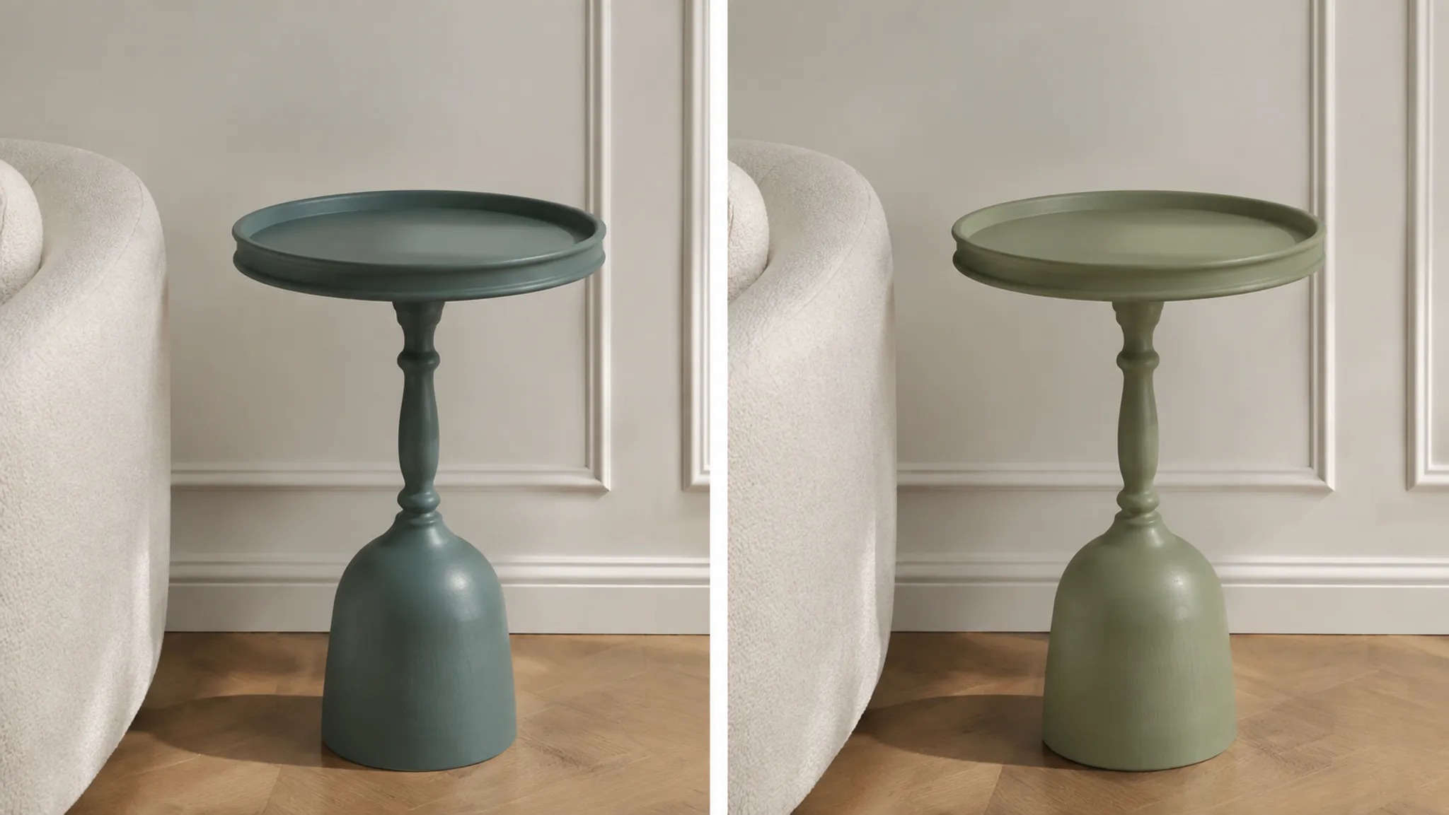 Painted side table shown in matched muted blue-green and warmer color directions