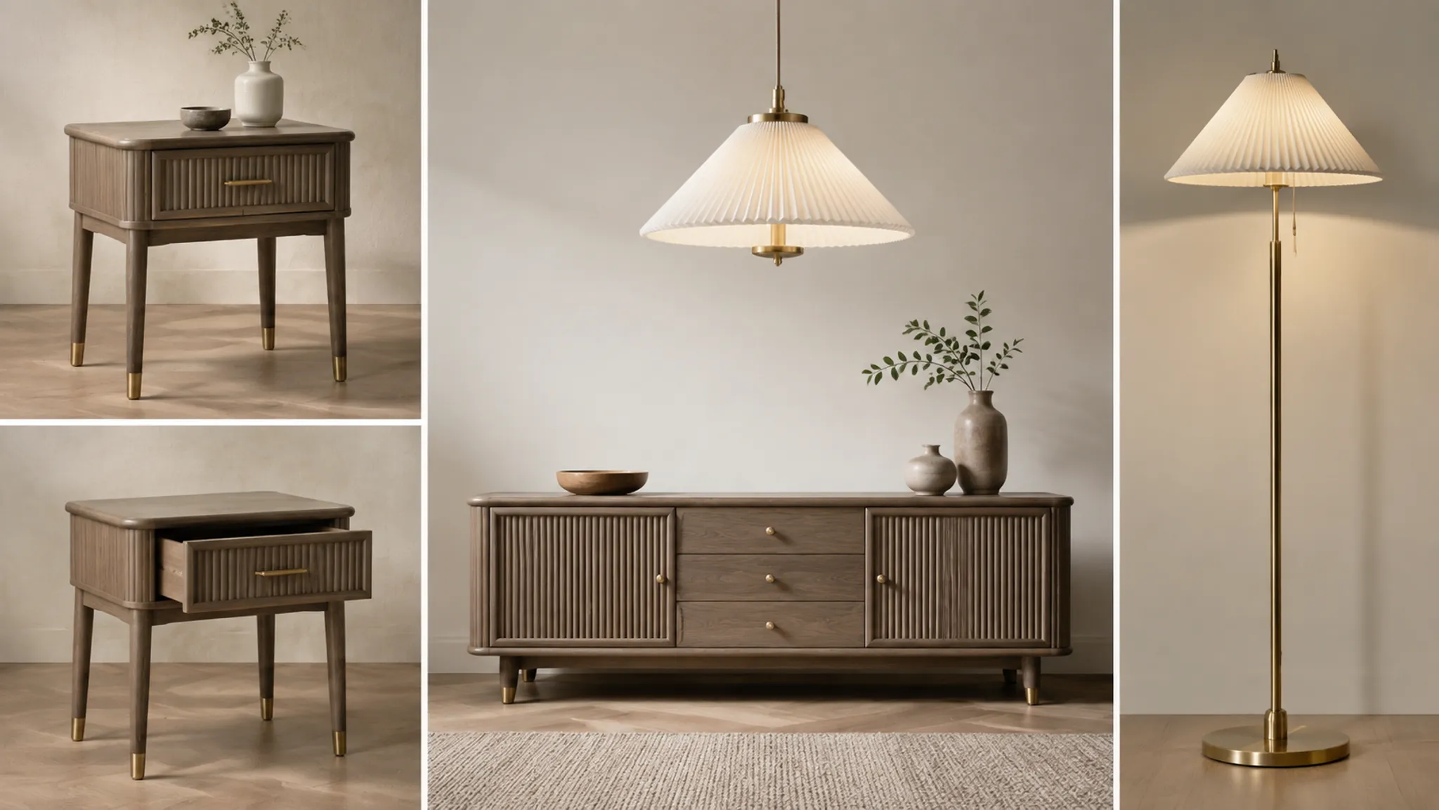 Furniture and lighting collection board comparing coordinated body, hardware, and diffuser finishes