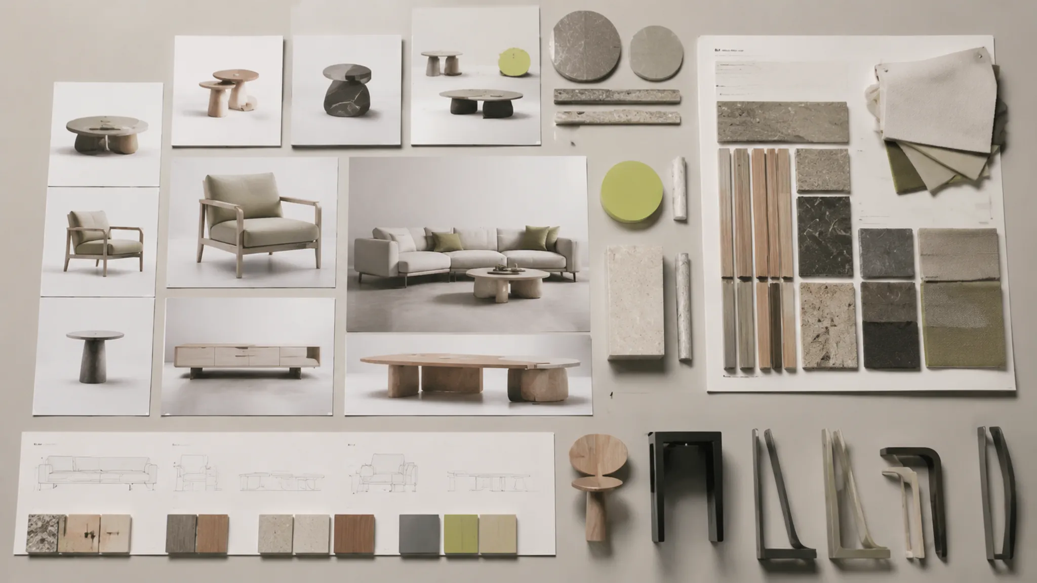 Collection board comparing recurring furniture forms, edges, bases, and finishes