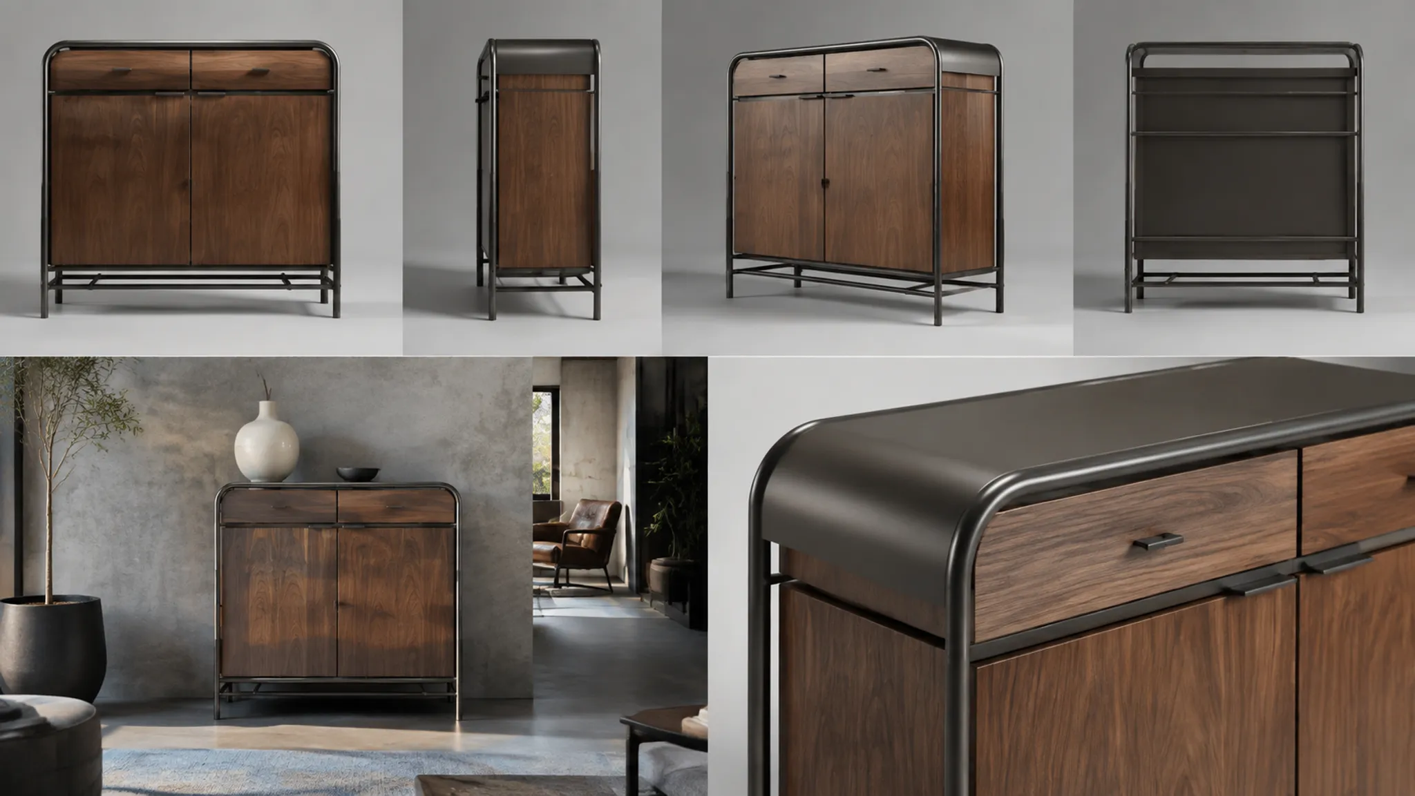 Matched furniture concept view sheet with front, profile, three-quarter, detail, and room-context images