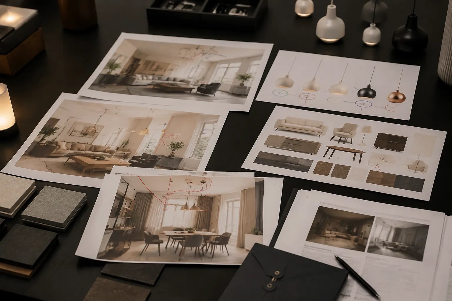 Review markup and handoff notes for furniture and lighting render approval