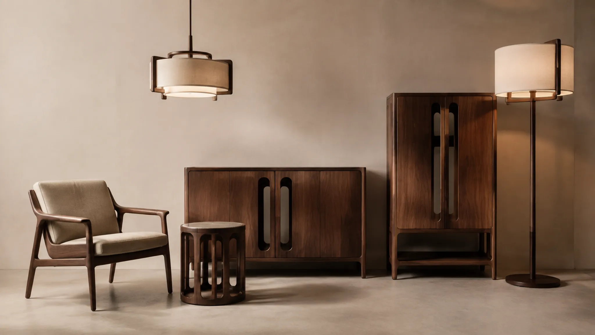 Furniture and lighting collection board comparing shared support logic, edges, openings, proportions, and finish relationships