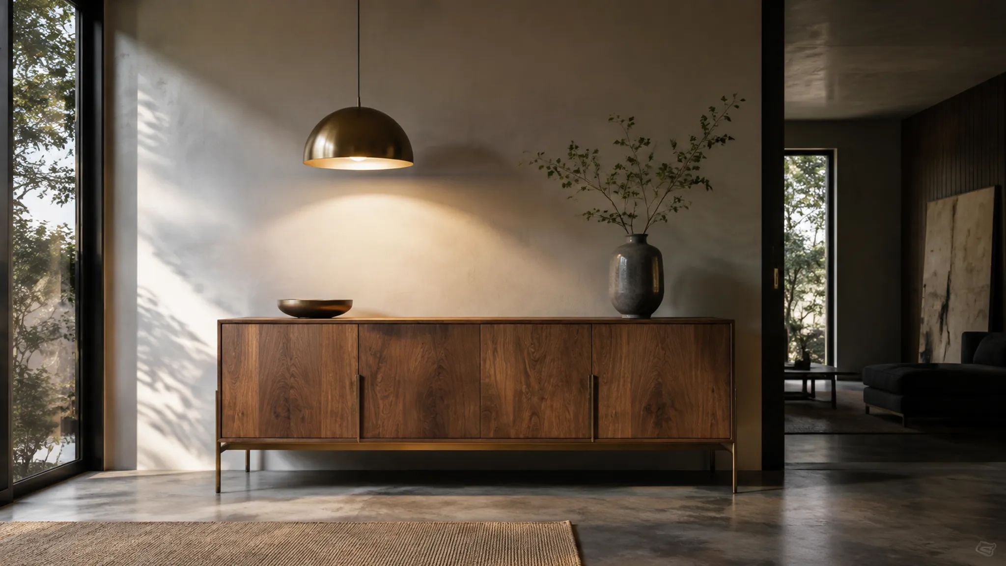 Room-context furniture render showing how light and surrounding materials affect finish appearance
