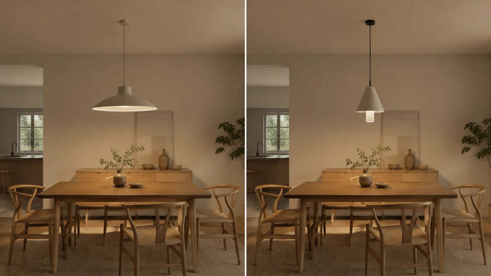 Two pendant light concept directions compared in the same dining-room setting with matched camera and scale conditions