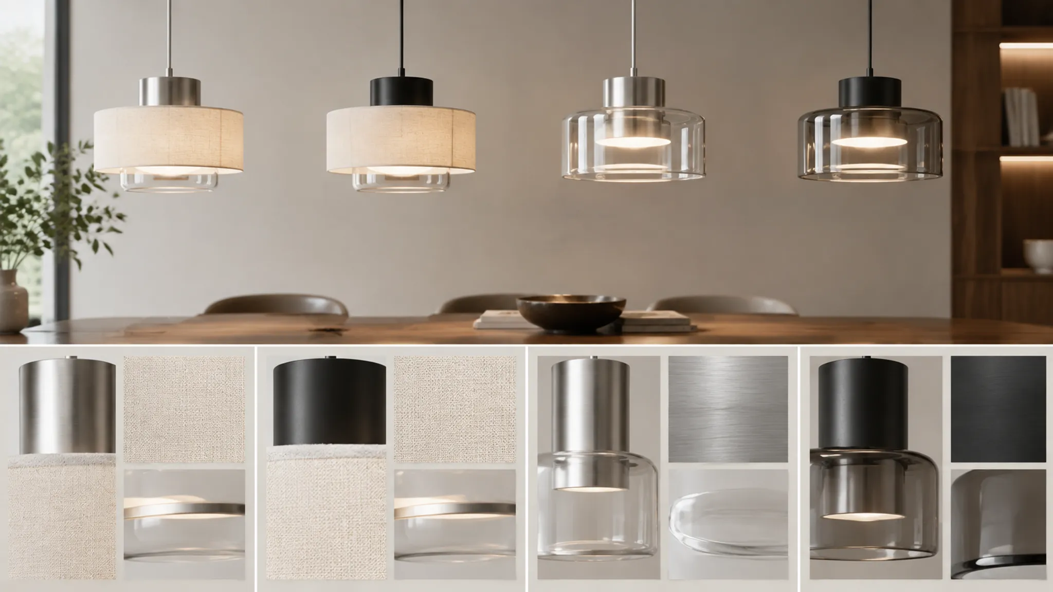 Lighting and material render comparison showing finish variants, surface cues, and room illumination