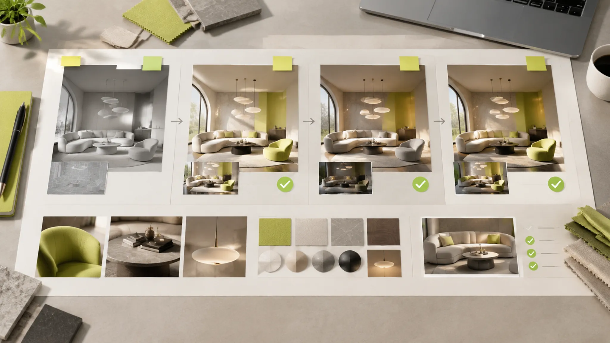 Furniture and lighting render review board showing controlled revision stages and approval notes