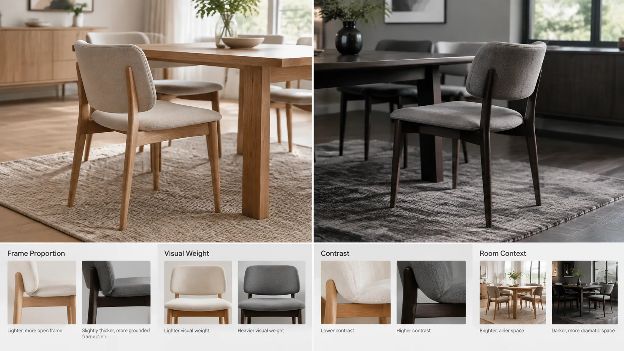 Side-by-side furniture render directions comparing frame proportion, contrast, and room context